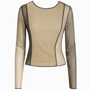 Sheer Beige & Black Contrast Stitch Mesh Long Sleeve Top (Size S)